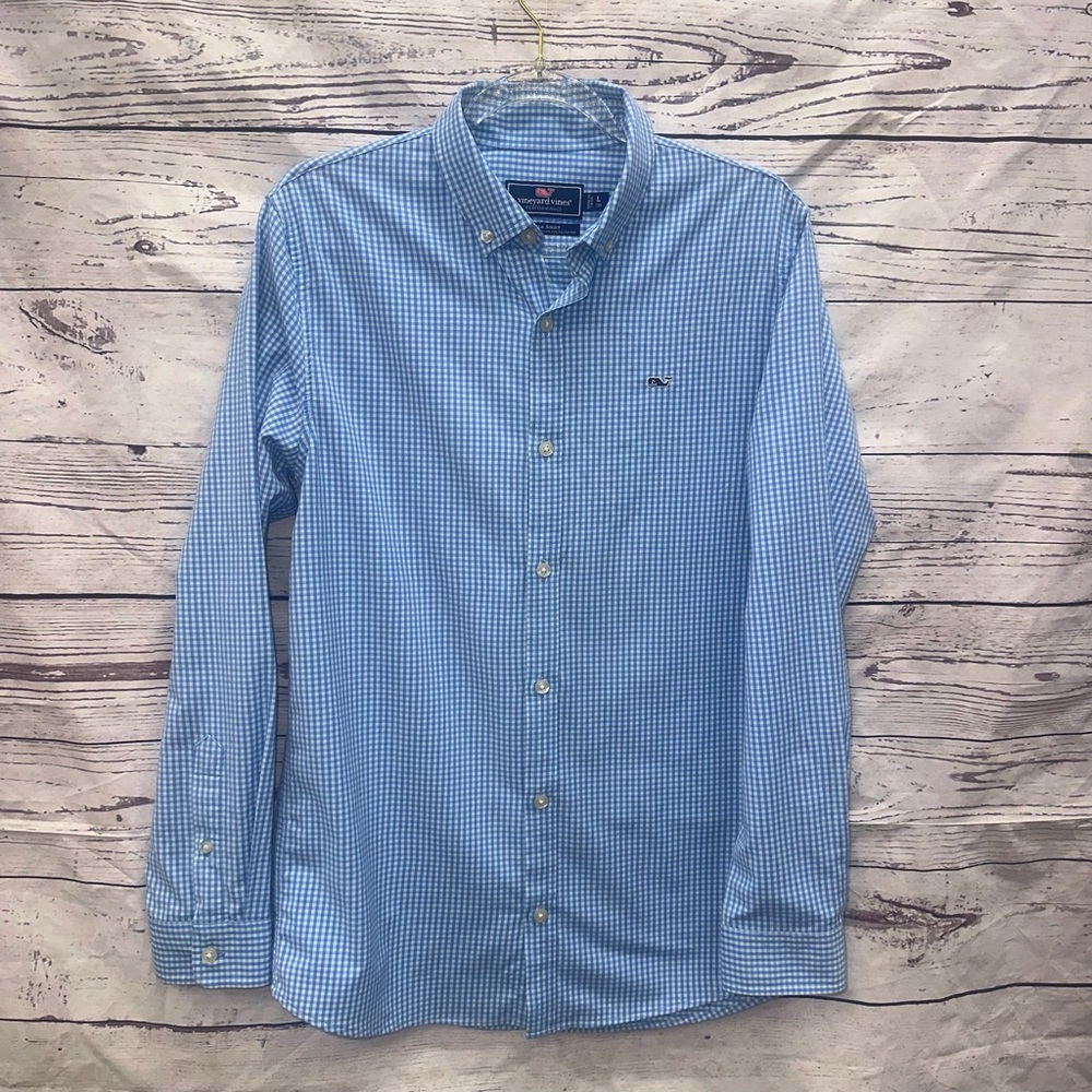Vineyard Vines boys blue & white gingham long-sleeve button down Size Large 16